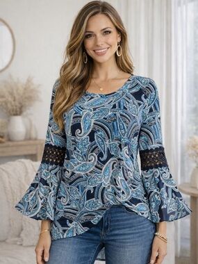 Collections Etc Blue Paisley Boho Blouse Bell Sleeve Crochet Detail Size Large